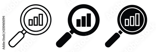 Magnifying glasses with bar charts icon set representing data analysis, business research, performance tracking, market insights, and statistical evaluation