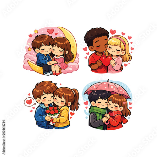 Lovely cartoon couples expressing love and friendship in a cute and colorful style. Great for Valentine’s designs and greeting cards
