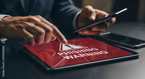 Phishing warning on tablet screen with person using smartphone and tablet