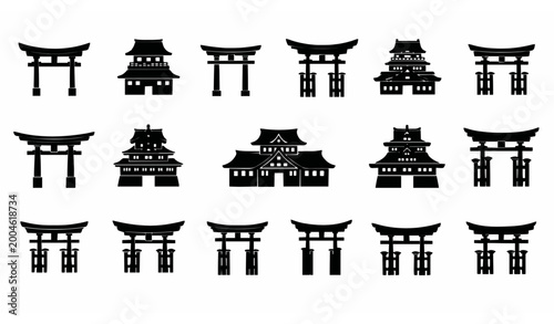 Fényképezés Japanese torii gate silhouette icon set vector with traditional shrine and castl