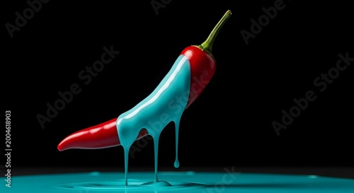 Red chili with blue dripping paint on dark background