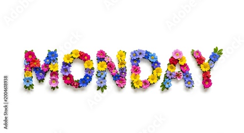 Monday text made with colorful flowers on light background
