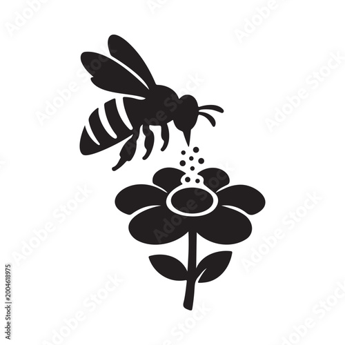 Pollination concept with bee hovering over flower silhouette vector on white background