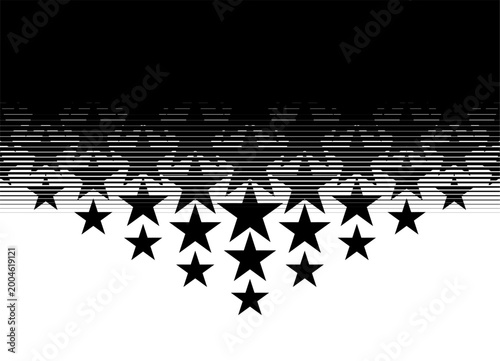 Smooth Transition from black to white with striped halftone from thin lines. Triangular pattern from scattered black stars on white background. Modern design element. Vector background for covers, adv