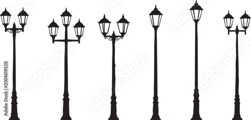 Photos Collection of vintage street lamps a black and white illustration