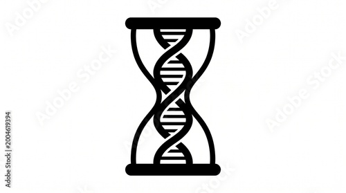 Genetic hourglass illustration, DNA strand within a sand timer, concept of biological time and aging, black and white vector graphic for science and health.
