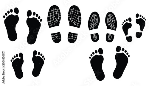 Diverse human footprint and shoe print silhouettes illustrating walking patterns, barefoot traces, and various footwear marks on a clean white background