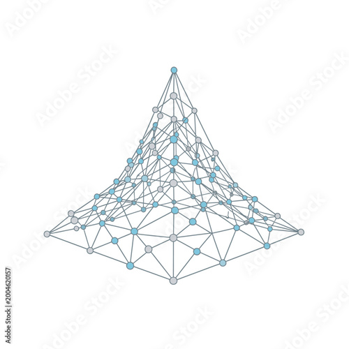 Abstract geometric pyramid structure made of interconnected nodes and lines, representing data, network, or technology concept.