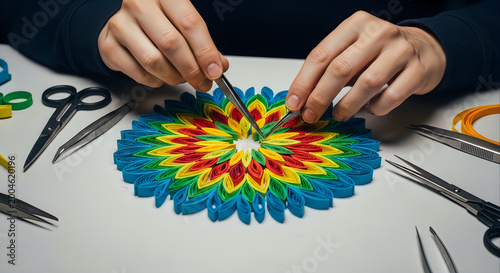 Close-up of hands using tweezers to create a colorful paper quilling mandala flower