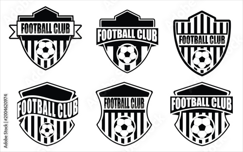 Football Club Badges Collection: A striking set of football club badges, each emblem displaying a soccer ball at the center. Clean lines and bold shapes create a strong visual identity. 