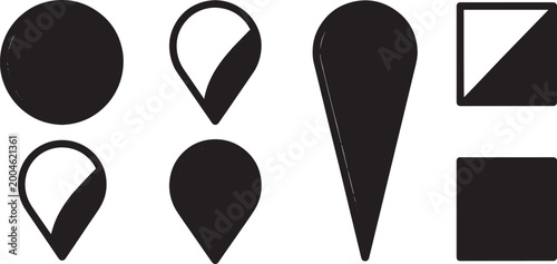 Black location pin icons in various shapes on white background for navigation