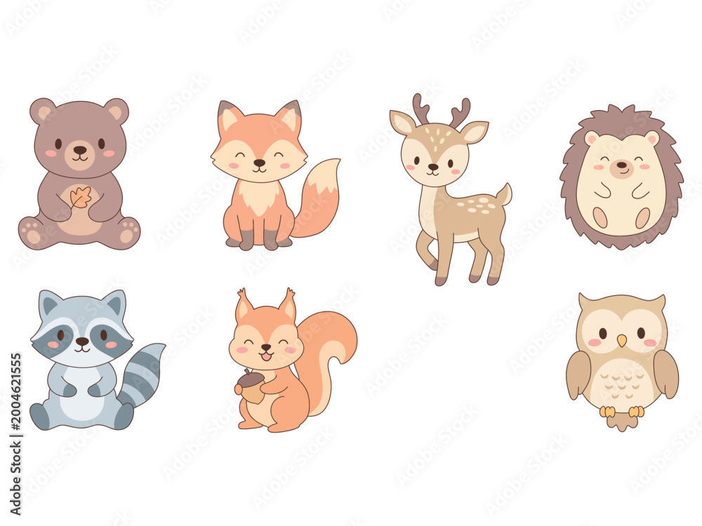 Fototapeta premium Cute woodland animal collection with bear, fox, deer, owl, raccoon, squirrel, and hedgehog, ideal for nursery decor, kids products, educational materials, and commercial design.