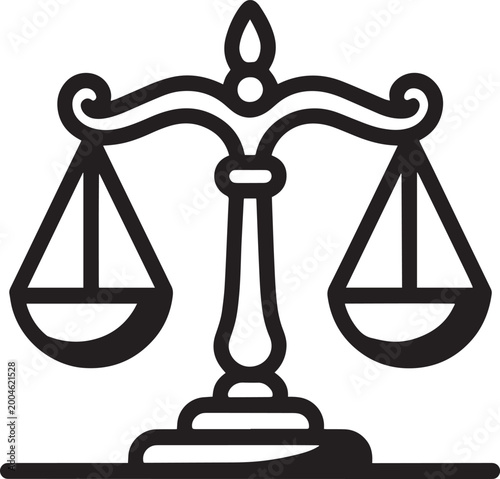 Black scales icon in minimalist line art style with white background for law and justice