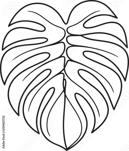 Monstera leaf minimalist line art tropical plant in simple black outline on white background for home decor