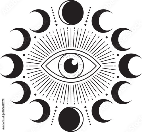 All-seeing eye with lunar phases in mystical celestial illustration for spirituality