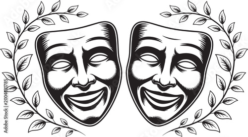 Theatrical comedy tragedy masks in heart shaped laurel wreath with black and white illustration for theater or entertainment branding