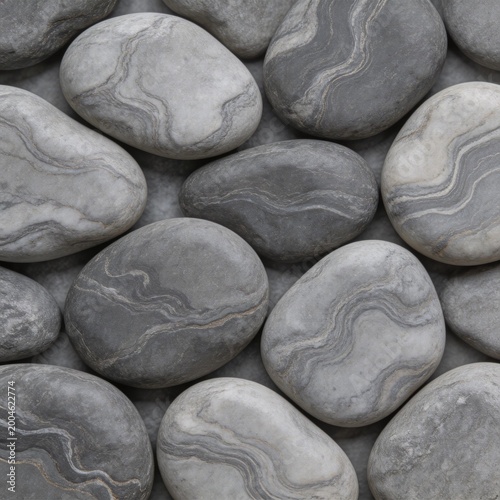 Smooth gray pebbles with wavy patterns