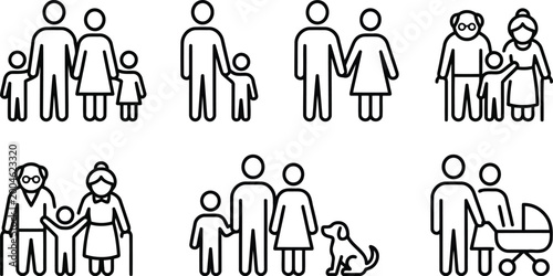 Black and white family icons with people and pets