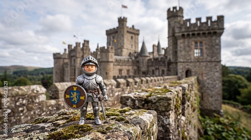 Fotografía Toy knight stands guard on stone castle wall with medieval fortress in backgroun