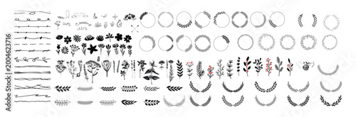 Floral wreath laurel divider elements set, botanical frames borders and decorative ornaments, hand drawn leaf wreath collection vector isolated
