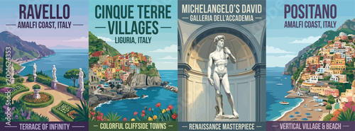 Vintage italy travel poster set. Including ravello amalfi coast, cinque terre villages, michelangelo david statue, and positano coastal town. Wall art prints.