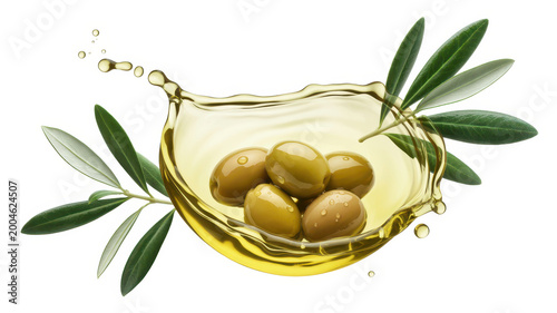 Green olives with olive oil splash and fresh leaves isolated on a plain white background