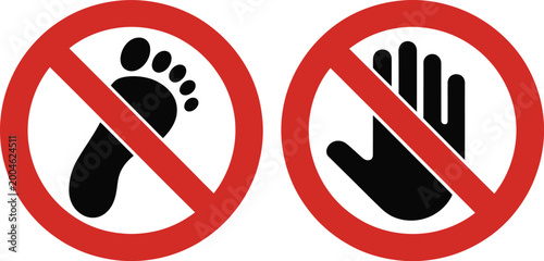 No step and do not touch signs icon set representing prohibition warnings, restricted access, safety instructions, hazard prevention