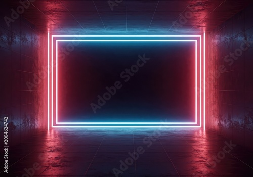 Abstract minimalist futuristic background showing an empty luminous wall panel. A vibrant neon glow surrounds the central blank space ready for design, presentation, canvas, dark