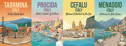 Vintage italy travel poster set. Including taormina sicily, procida island, cefalu norman cathedral, and menaggio lake como. Retro wall art prints.