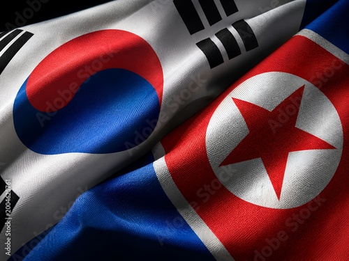 South Korea and North Korea flags. Geopolitical tension, diplomacy, and regional relations in East Asia