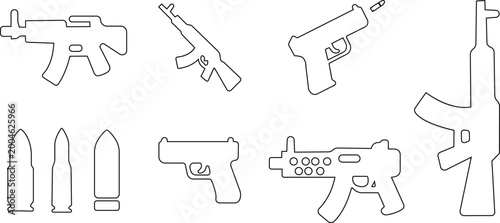 Gun rifle pistol weapon set collection group icons, firearm armament ammo bullet vector pack, assault handgun carbine silhouette and outline flat line black style isolated design elements