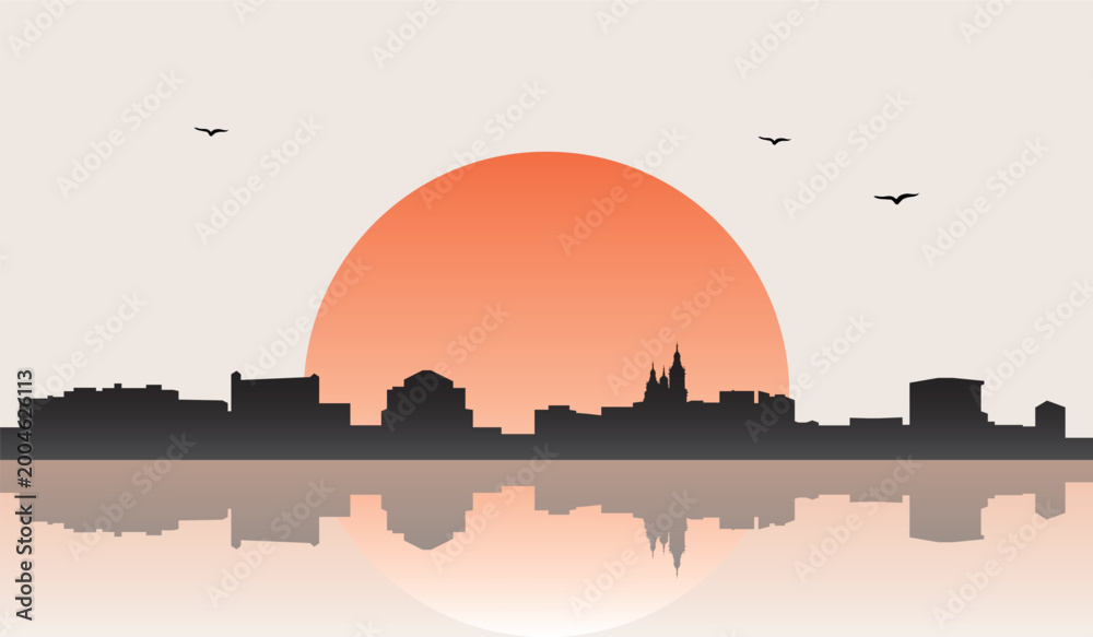 Obraz premium Minimalist contemporary Japanese-style drawing of a half sun skyline with water reflection poster panorama of ZARAGOZA, SPAIN