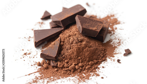 Pile of dark chocolate chunks and cocoa powder heap isolated on a white background