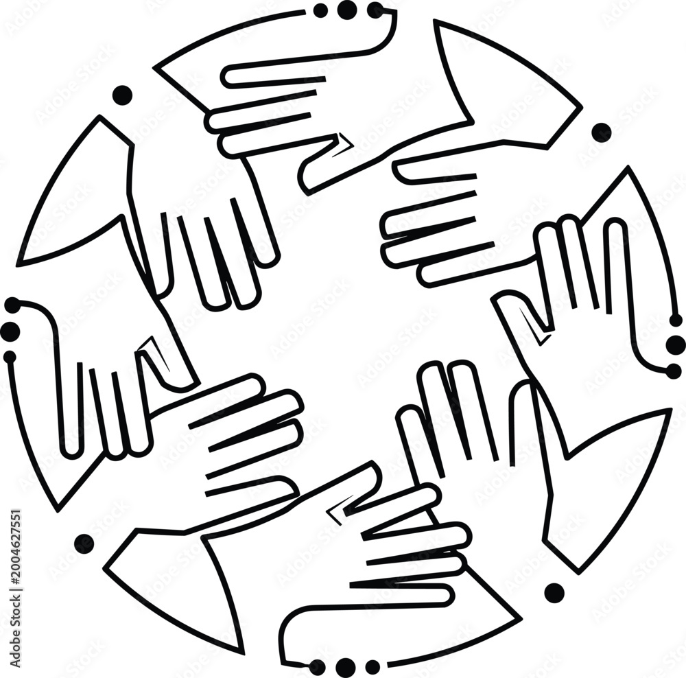 Fototapeta premium Circular Group of Hands Together Symbol Representing Teamwork, Unity, Community, and Global Cooperation on White Background