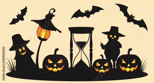 Foto Halloween pumpkins with witch silhouettes.