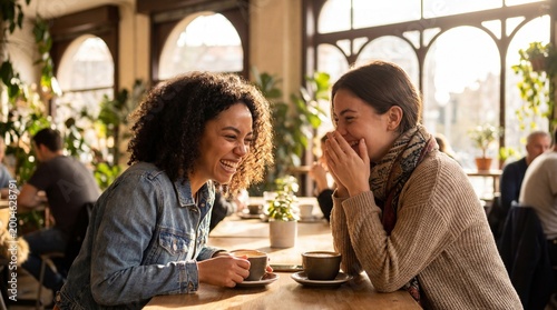Two cheerful women sharing a candid moment of laughter while seated together at a cafe, they are drinking coffee, creating a scene of relaxed camaraderie and warm connection.