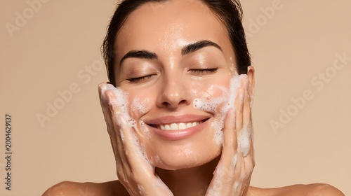 Smiling woman cleanses face with soapy foam. Healthy skin portrait captures morning skincare ritual joy. Soap foam fresh beauty for beauty routine.