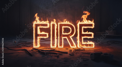 The word fire written in large three dimensional letters engulfed in bright orange real flames