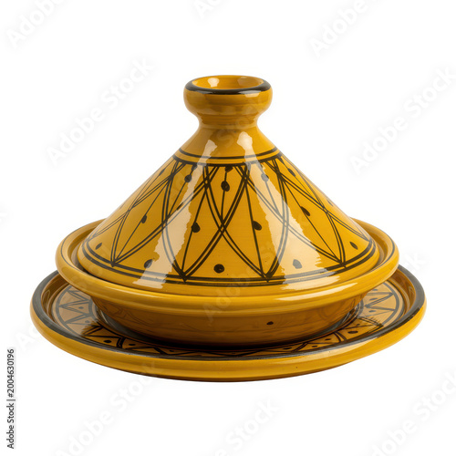 Traditional yellow moroccan tagine cooking pot with black geometric patterns on white background