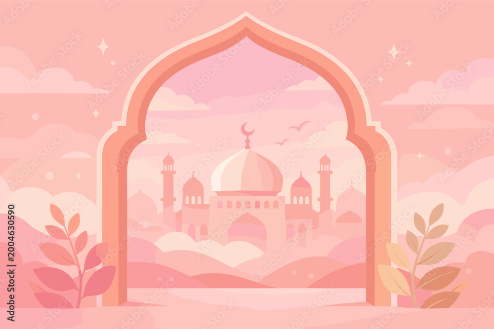 Fototapeta premium Pastel Pink Mosque Illustration through an Archway with Soft Clouds and Stars for Ramadan Kareem and Eid Mubarak Social Media Post Template. Simple Flat Vector Background with Islamic Architecture.