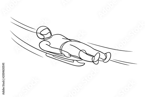 Minimalist continuous line drawing of a winter sports athlete speeding down an icy track on a luge sled, capturing the essence of motion and competition in a simple and elegant vector style.