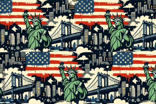 Vector Seamless Pattern of New York City Landmarks with Statue of Liberty, Manhattan Bridge, and American Flag in Urban Street Art Graffiti Style for Patriotic USA Travel Background and Textiles