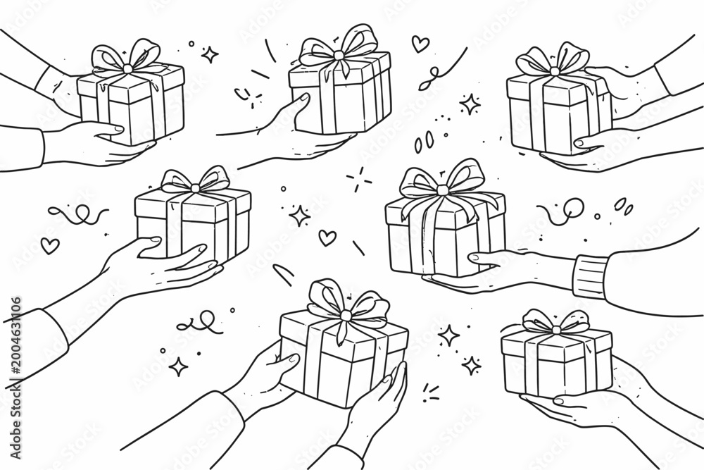 Fototapeta premium Hand drawn line art illustration of several hands holding wrapped gift boxes with ribbons and bows, decorated with hearts and stars, ideal for Christmas, birthday, and celebration design themes.