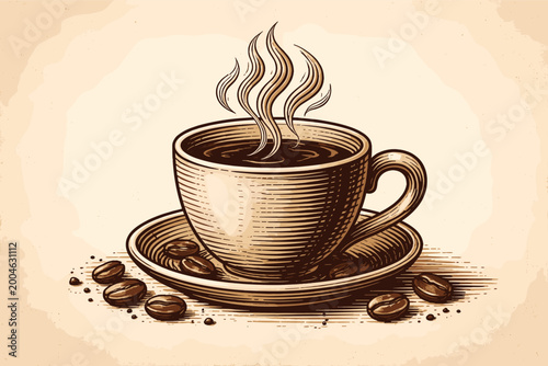 Vintage woodcut style vector illustration of a steaming hot cup of coffee on a saucer with roasted coffee beans, rustic hand-drawn engraving for cafe menu, morning breakfast, and espresso shop art.