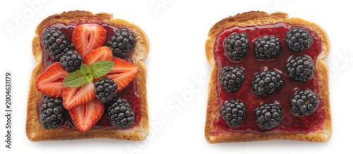Two slices of toasted bread topped with blackberry jam, fresh strawberries, blackberries, and mint