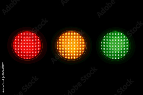 Realistic 3D vector traffic light set with glowing LED dots in red, yellow, and green signal lamps on black background for transportation, road safety, and urban traffic control design elements.