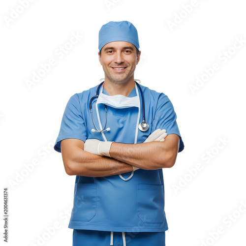 Confident surgeon standing with arms crossed in blue operating attire