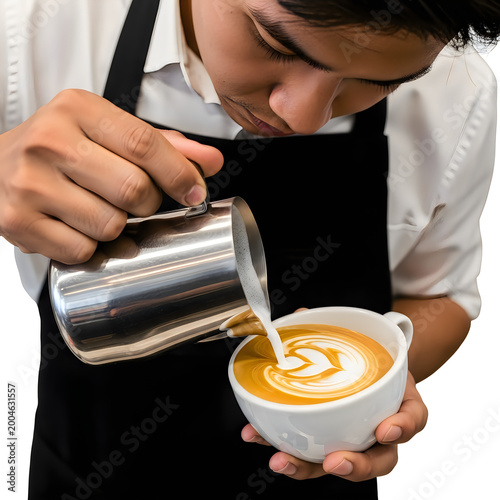 Barista pouring latte art into a cup of cappuccino
