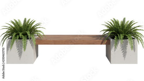 Wooden garden bench with concrete planters containing green ferns on white background