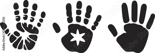 Black Silhouette Vector Illustration of Stylized Baby Handprints Including Star Detail and Textured Outlines for Newborn Announcement and Parenting Themed Graphic Design